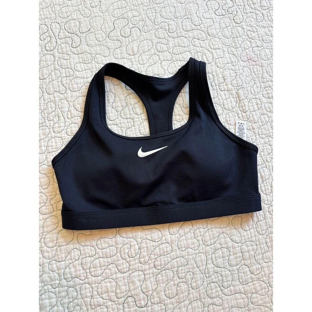 Nike‎ Womens Medium Support Sports Bra Black White Swoosh Size Small NWOT